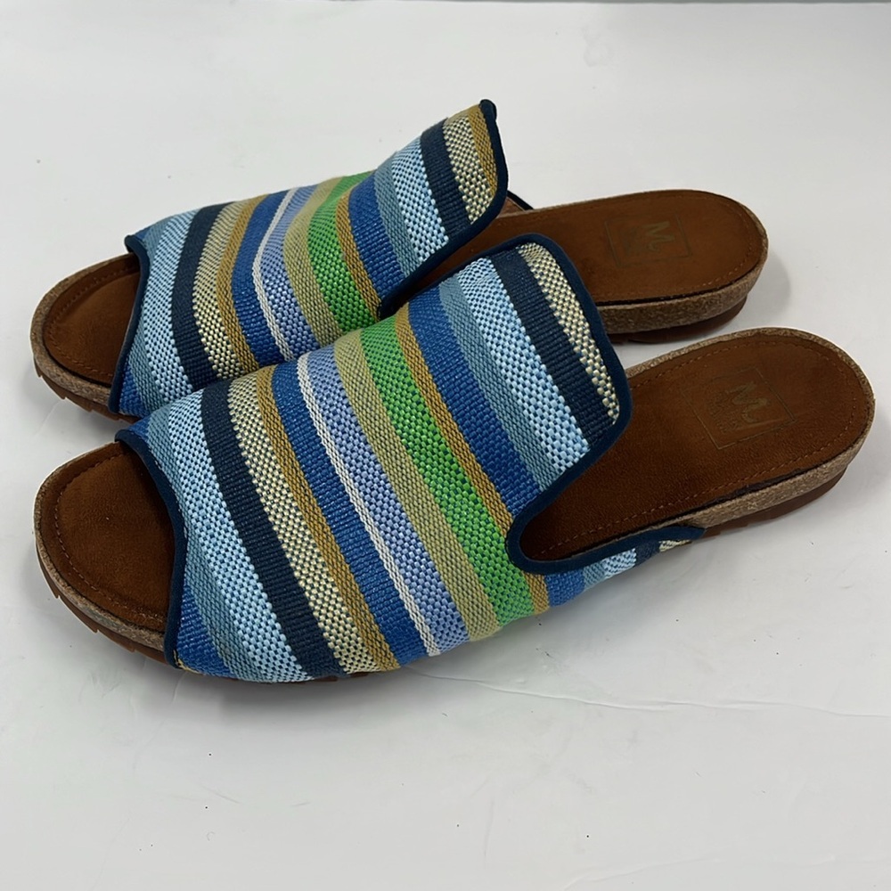 Mark Jenkins Stripe Slide Sandals Blue Slip On Open Toe Flat Cork Beach 9/39